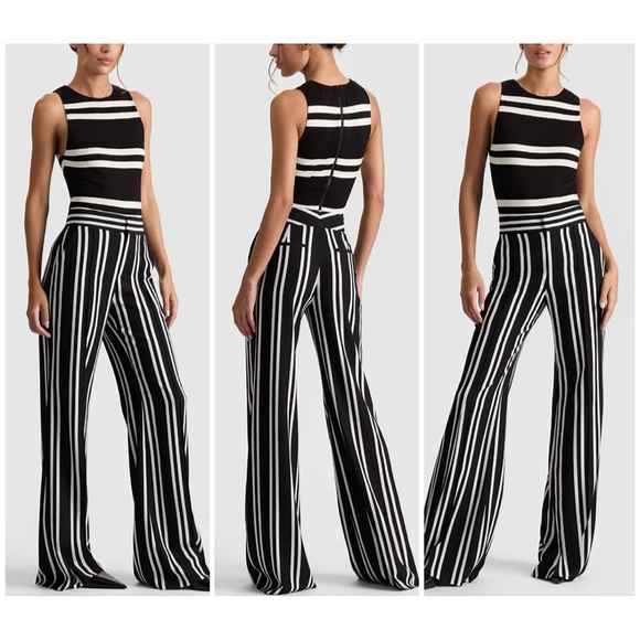 Alice + Olivia Dylan Black Off White Striped Wide Leg Pants - Picture 5 of 15